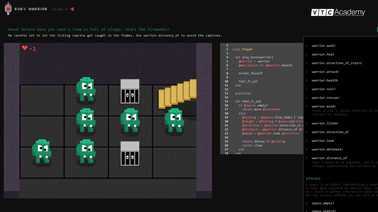 Top 10 web tạo game miễn phí tốt nhất hiện nay 8 Ruby Warrior - Chiến đấu để học Ruby